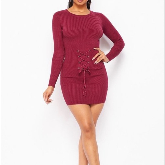NEW TRENDY BLACK RIBBED LONG SLEEVE KNIT FRONT LACE UP WAIST BELT MINI DRESS - Picture 4 of 5